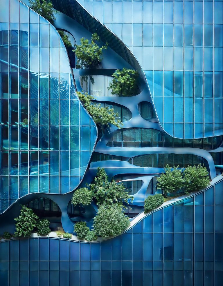 Firefly blue glass building with trees coming out of it 27373