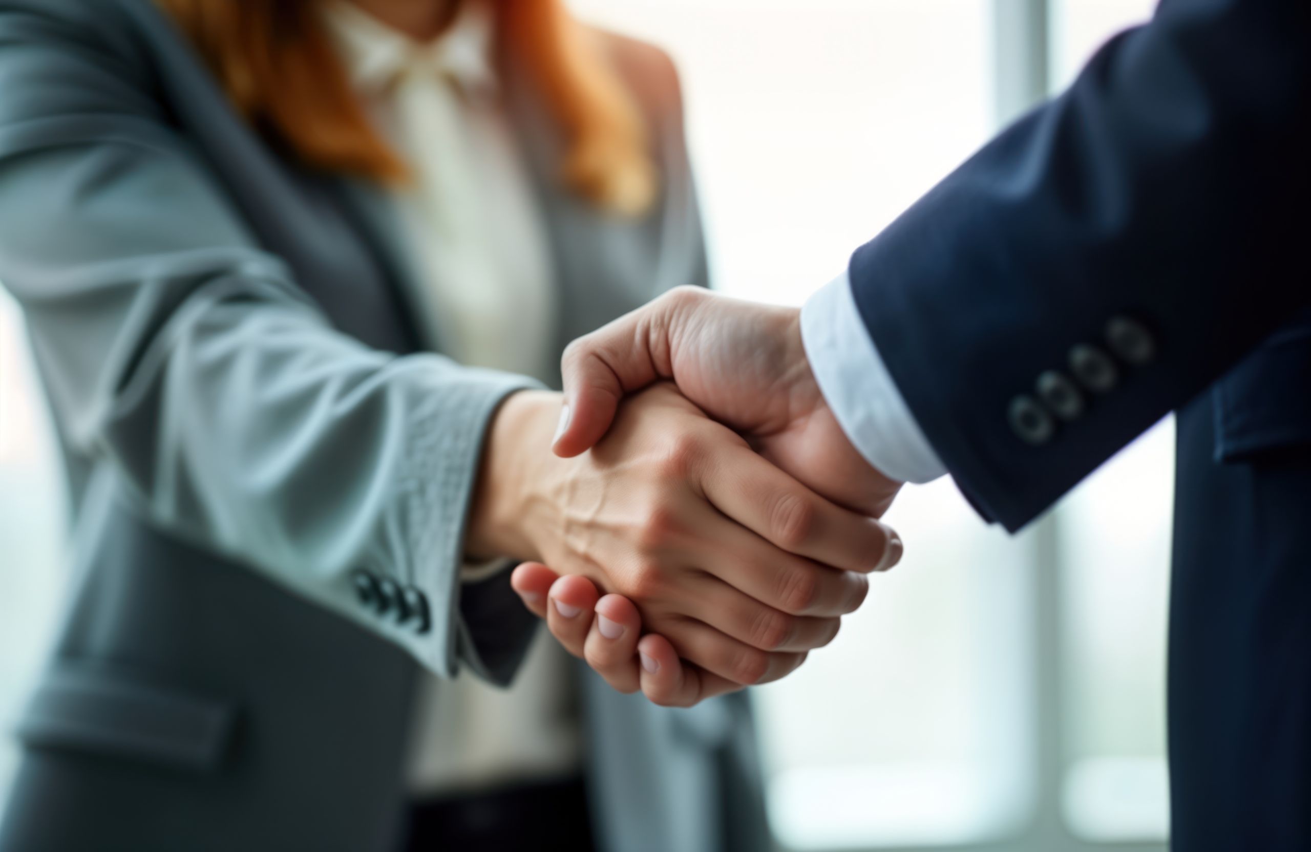 Business people shaking hands in office. Partners trust and cooperation. Future commercial goals. Successful deal and agreement. Pro and corporate environment. Formal meeting or negotiation