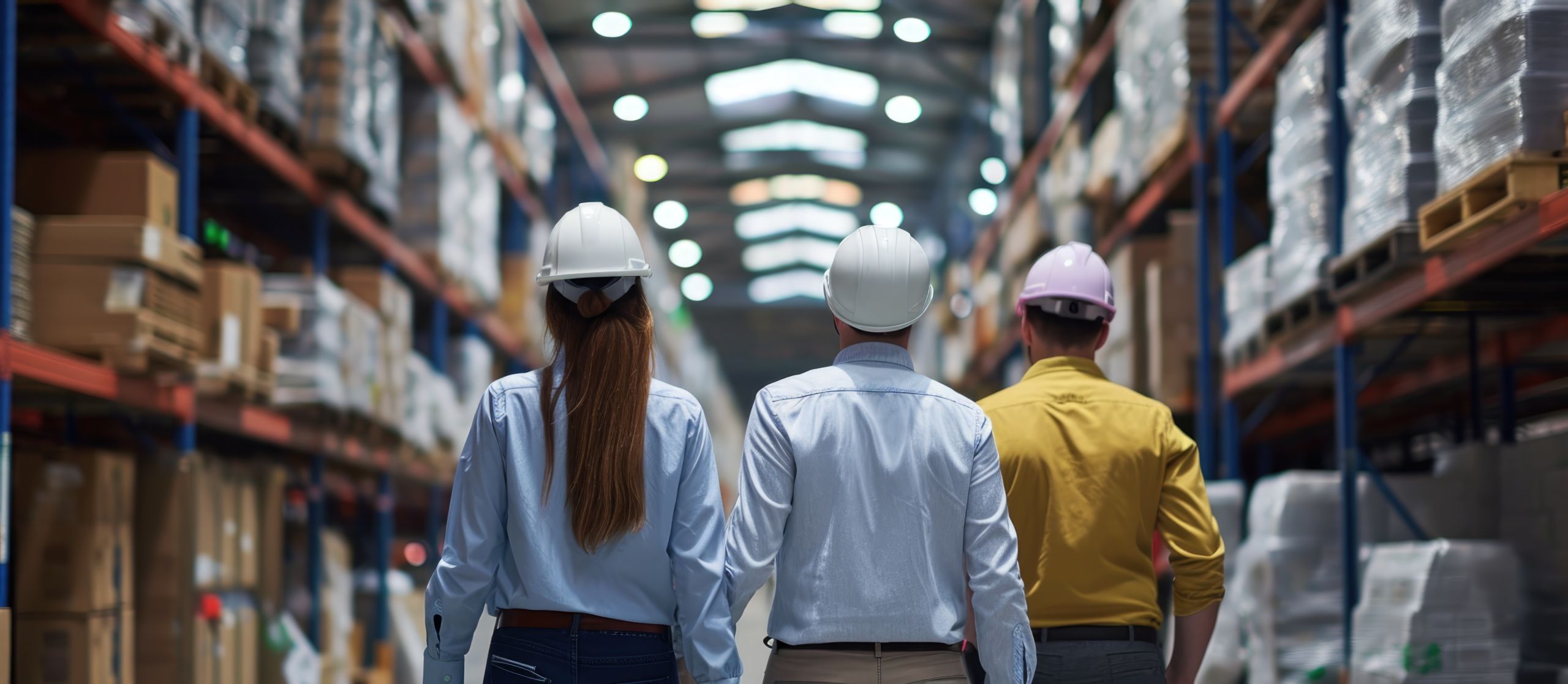 Warehouse Team Walking In Warehouse, Discussing From Behind.