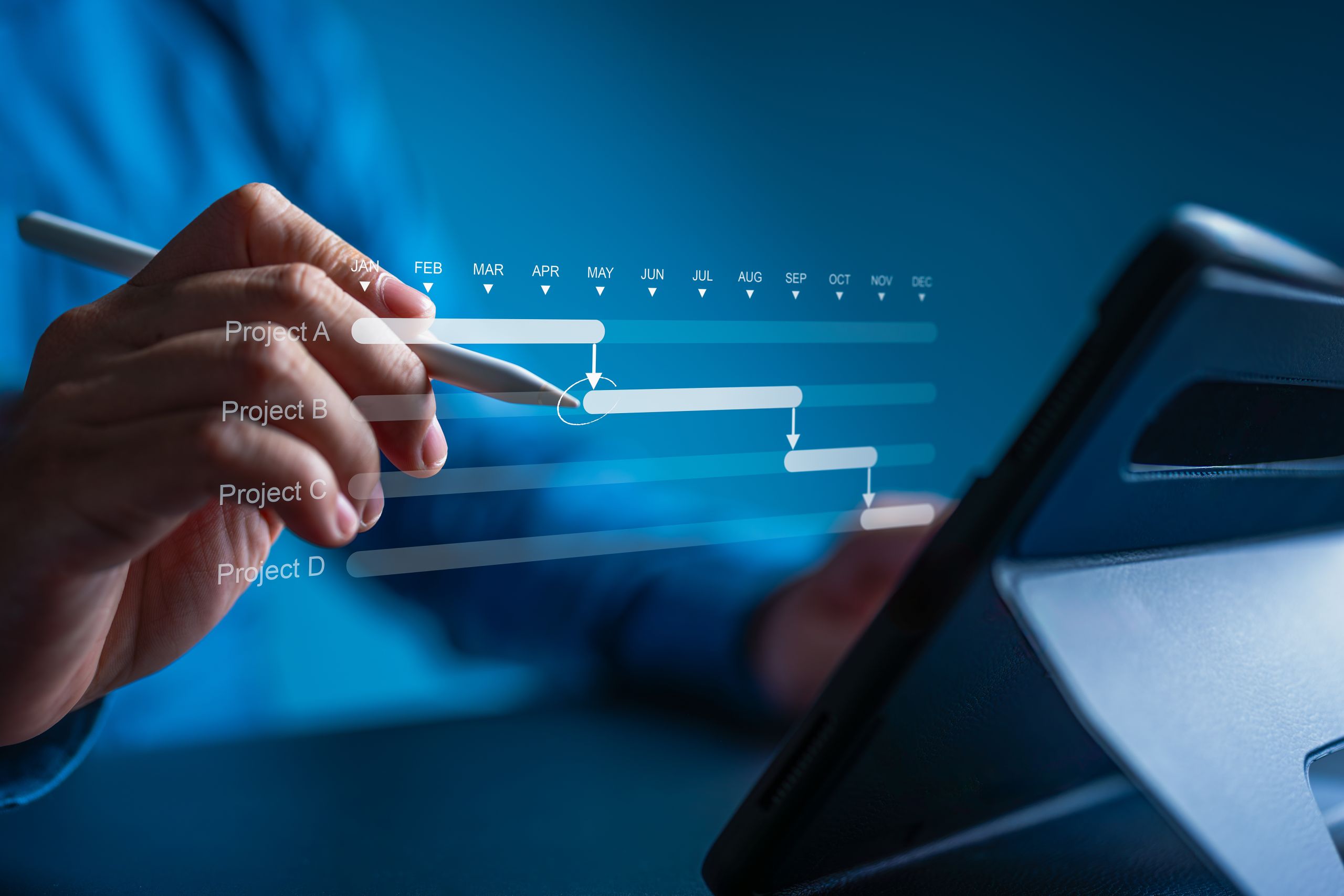 Milestone, Progress planning, Schedule proceeding for summary reports. Manager or Project engineer manages construction with Gantt chart schedules. Software app to update or track operation plans
