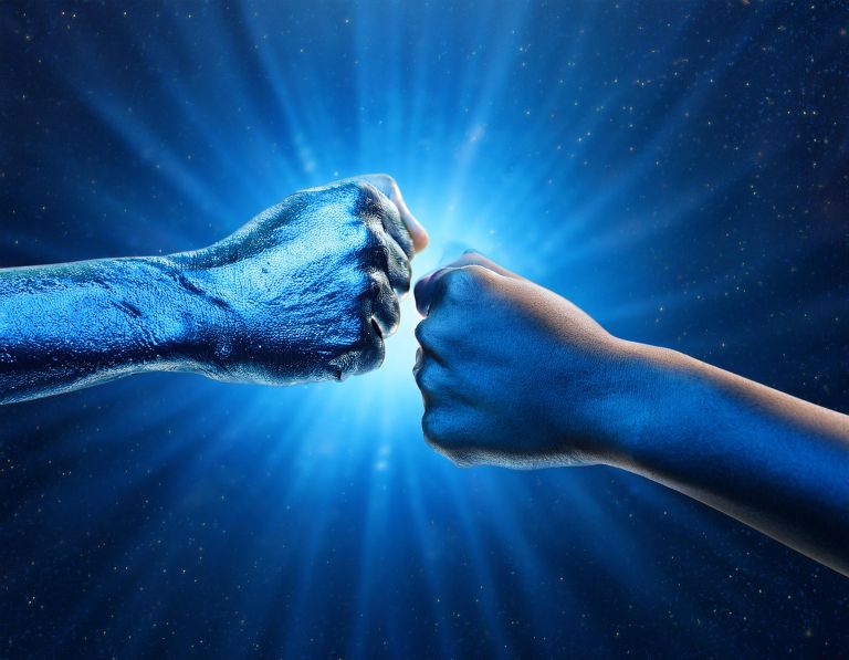 Firefly Blue Glass Hands Joining With Blue Background, Concept Commitment To Teamwork In The Univers (1)